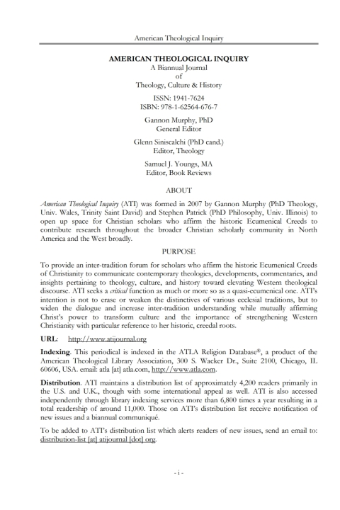 Cover image for book American Theological Inquiry, Volume Seven, Issue One