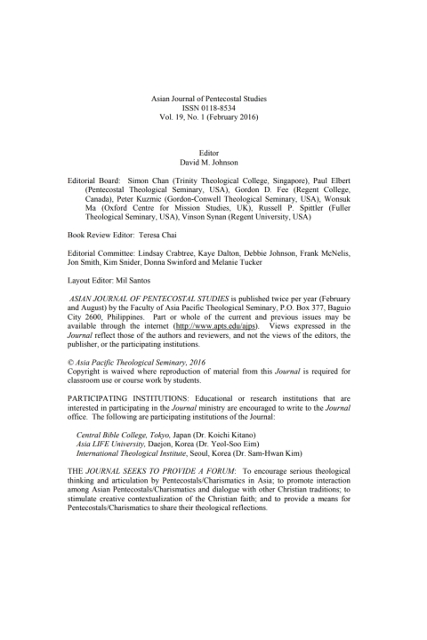 Cover image for book Asian Journal of Pentecostal Studies, Volume 19, Number 1
