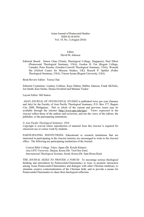 Cover image for book Asian Journal of Pentecostal Studies, Volume 19, Number 2