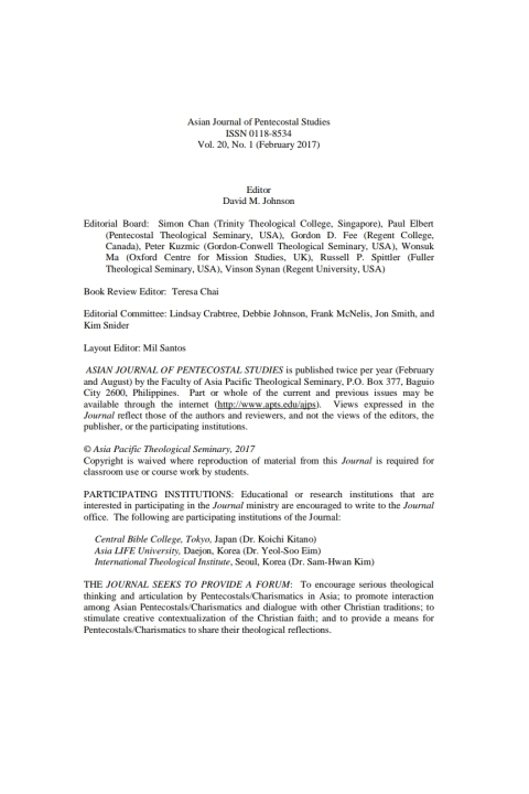 Cover image for book Asian Journal of Pentecostal Studies, Volume 20, Number 1