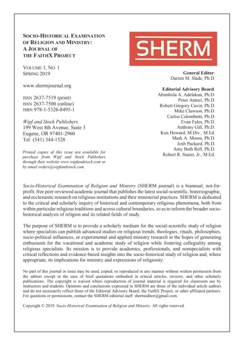 Cover image for book Socio-Historical Examination of Religion and Ministry, Volume 1, Issue 1