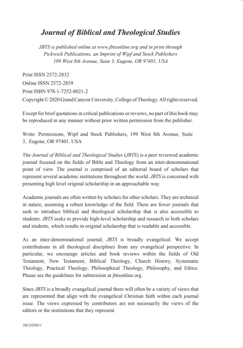 Cover image for book Journal of Biblical and Theological Studies, Issue 5.1