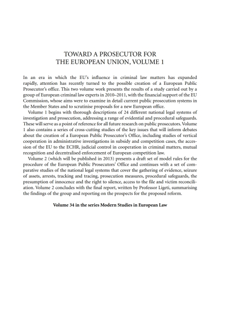Cover image for book Toward a Prosecutor for the European Union Volume 1