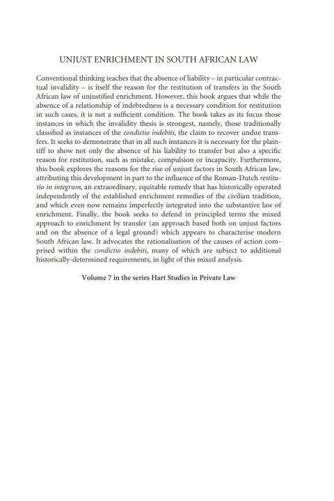 Cover image for book Unjust Enrichment in South African Law