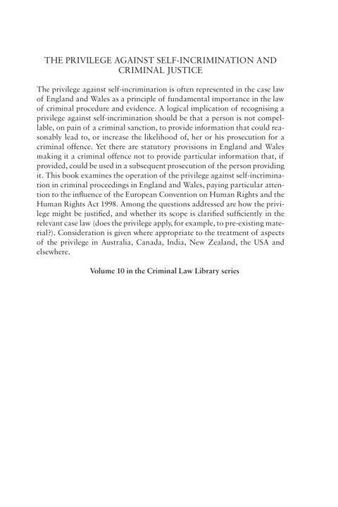 Cover image for book The Privilege Against Self-Incrimination and Criminal Justice