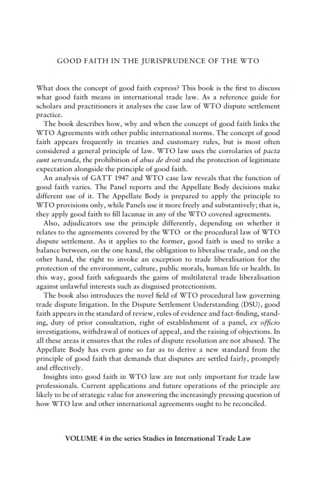 Cover image for book Good Faith in the Jurisprudence of the WTO