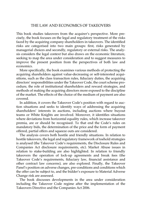 Cover image for book The Law and Economics of Takeovers
