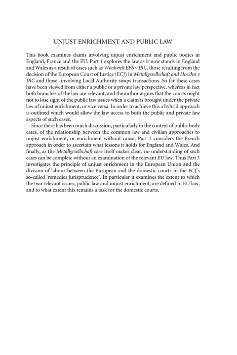 Cover image for book Unjust Enrichment and Public Law