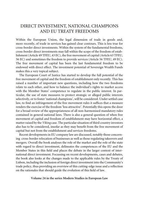 Cover image for book Direct Investment, National Champions and EU Treaty Freedoms