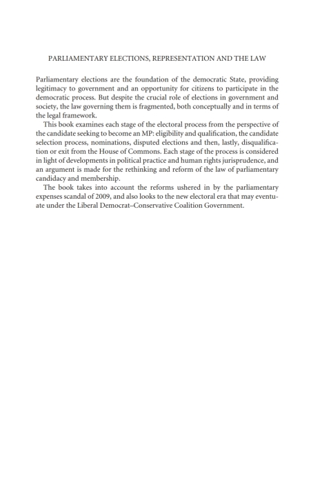 Cover image for book Parliamentary Elections, Representation and the Law