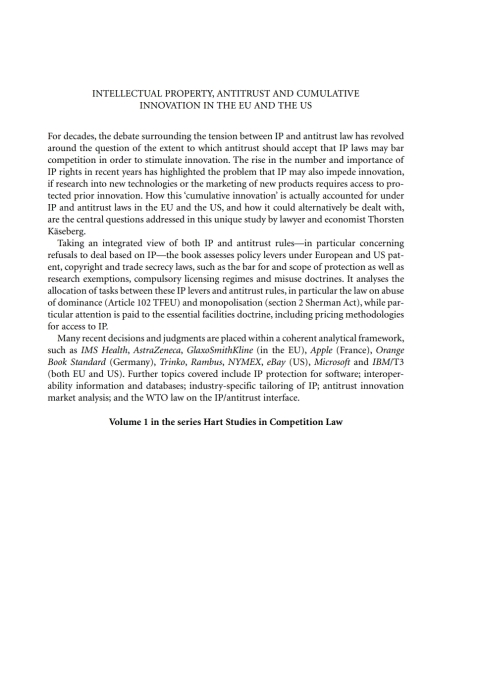 Cover image for book Intellectual Property, Antitrust and Cumulative Innovation in the EU and the US