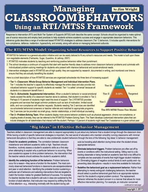 Cover image for book Managing Classroom Behaviors using an RTI/MTSS Framework