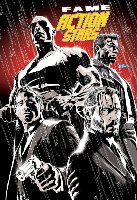 Cover image for book FAME: Action Stars: Keanu Reeves, Ryan Reyonolds and Arnold Schwarzenegger & Dwayne Johnson