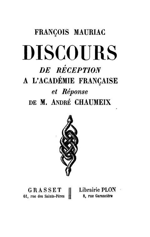 Cover image for book Discours de réception à l'Académie française