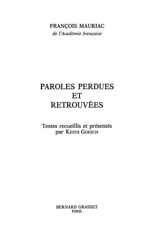 Cover image for book Paroles perdues et retrouvées