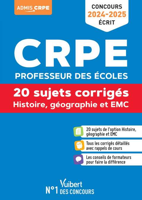Cover image for book Histoire Géographie EMC - CRPE 2024-2025 - 20 sujets corrigés - Annales 2023 incluses