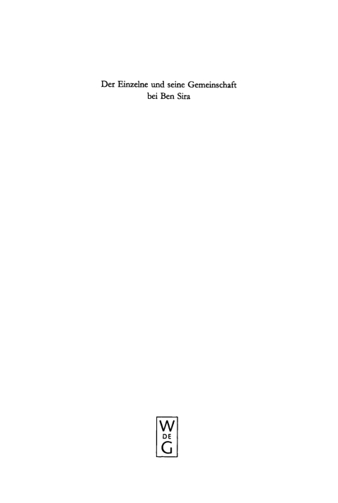 Cover image for book Der Einzelne und seine Gemeinschaft bei Ben Sira