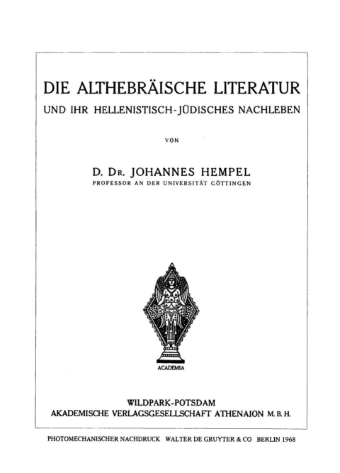 Cover image for book Die althebräische Literatur und ihr hellenistisch-jüdisches Nachleben