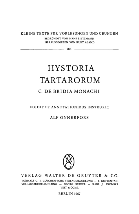 Cover image for book Hystoria Tartarorum C. de Bridia Monachi