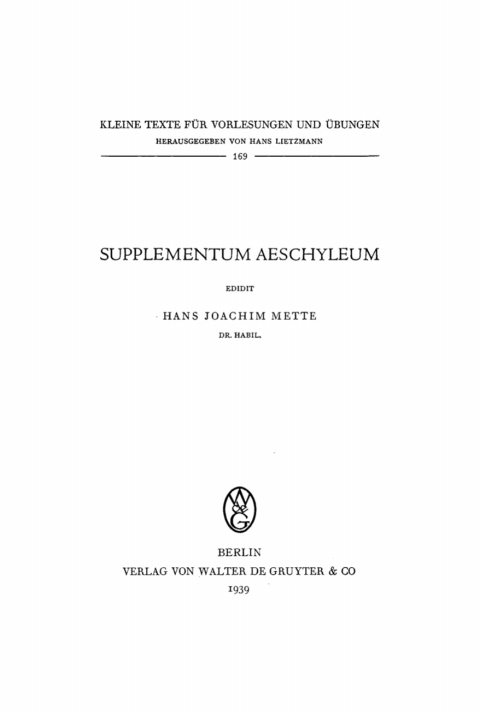 Cover image for book Supplementum Aeschyleum