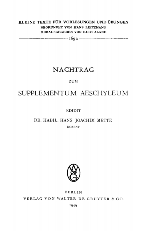Cover image for book Nachtrag zum Supplementum Aeschyleum
