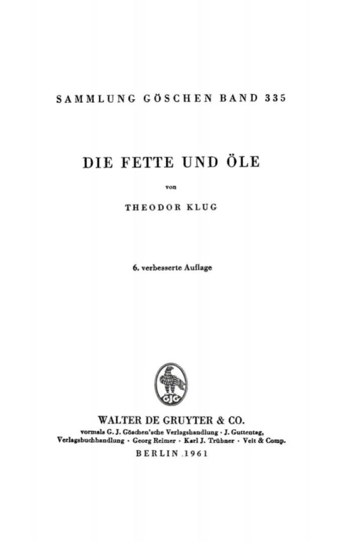 Cover image for book Die Fette und Öle
