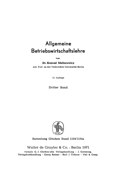 Cover image for book Konrad Mellerowicz: Allgemeine Betriebswirtschaftslehre. Band 3