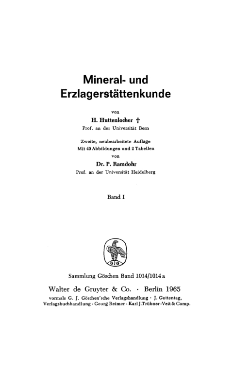 Cover image for book Heinrich Huttenlocher: Mineral- und Erzlagerstättenkunde. Band 1