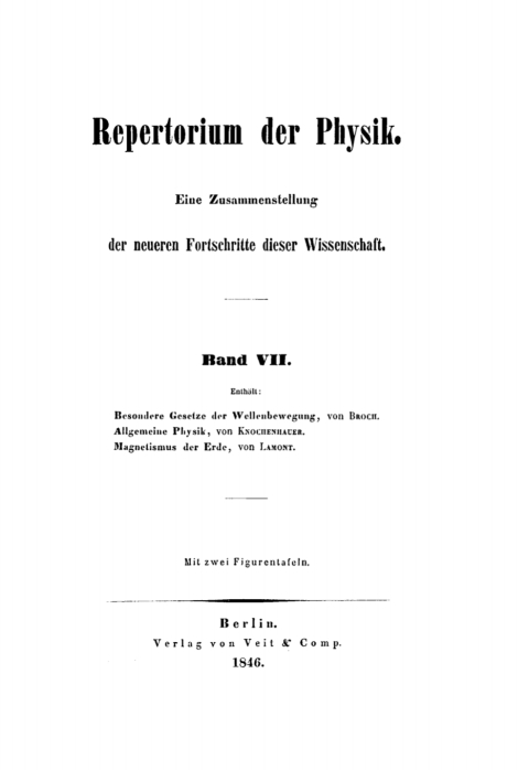 Cover image for book Besondere Gesetze der Wellenbewegung, von Broch. Allgemeine Physik, von Knochenhauer. Magnetismus der Erde, von Lamont