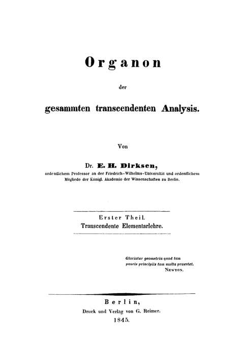 Cover image for book Organon der gesammten transcendenten Analysis, Teil 1: Transcendente Elementarlehre