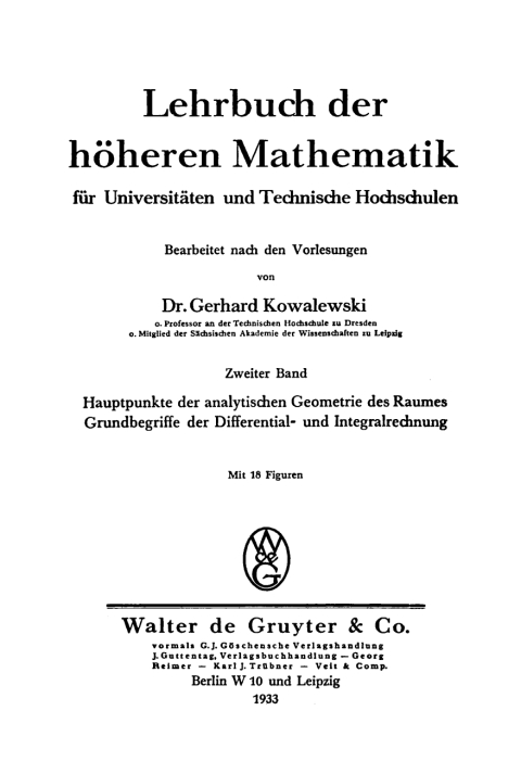 Cover image for book Hauptpunkte der analytischen Geometrie des Raumes, Grundbegriffe der Differential- und Integralrechnung