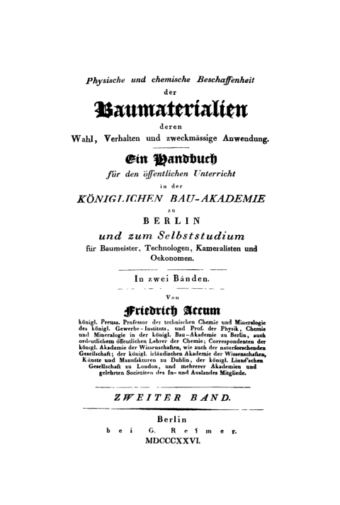 Cover image for book Frederick Accum: Physische und chemische Beschaffenheit der Baumaterialien. Band 2