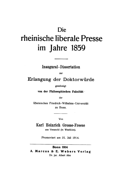 Cover image for book Die rheinische liberale Presse im Jahre 1859