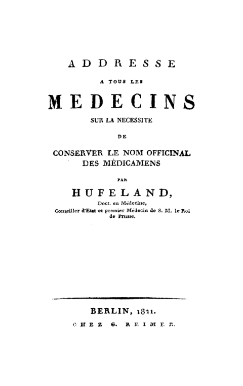 Cover image for book Addresse à tous les médecins sur la nécessité de conserver le nom officinal des médicamens