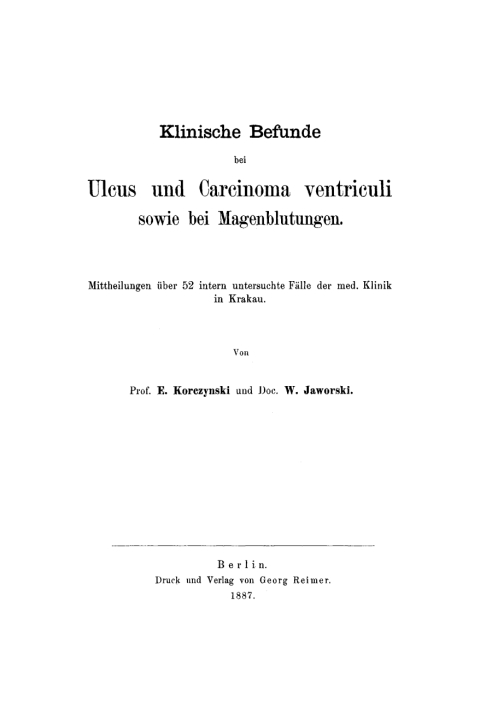 Cover image for book Klinische Befunde bei Ulcus und Carcinoma ventriculi sowie bei Magenblutungen