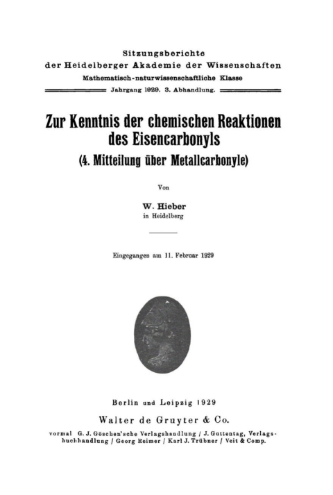 Cover image for book Zur Kenntnis der chemischen Reaktionen des Eisencarbonyls