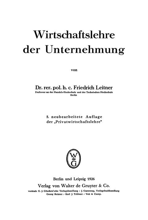 Cover image for book Wirtschaftslehre der Unternehmung