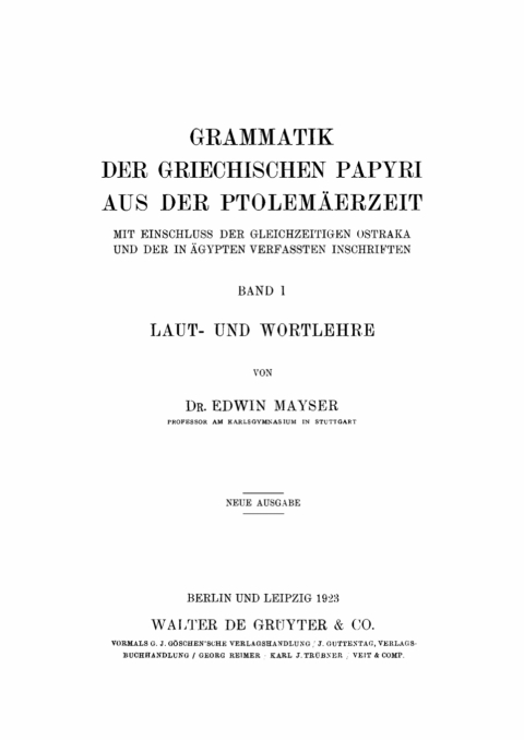 Cover image for book Grammatik der griechischen Papyri aus der Ptolemäerzeit. Band 1