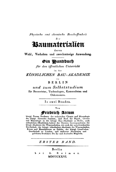 Cover image for book Frederick Accum: Physische und chemische Beschaffenheit der Baumaterialien. Band 1