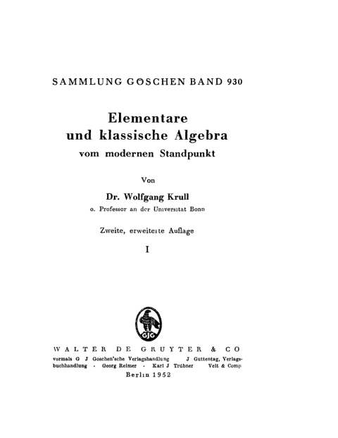 Cover image for book Elementare und klassische Algebra vom modernen Standpunkt