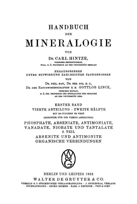 Cover image for book Phosphate, Arseniate, Antimoniate, Vanadate, Niobate und Tantalate, Teil 2: Arseniate und Antimonite, organische Verbindungen