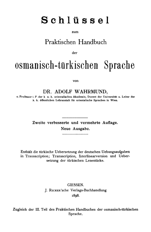 Cover image for book Schlüssel zum Praktischen Handbuch der osmanisch-türkischen Sprache