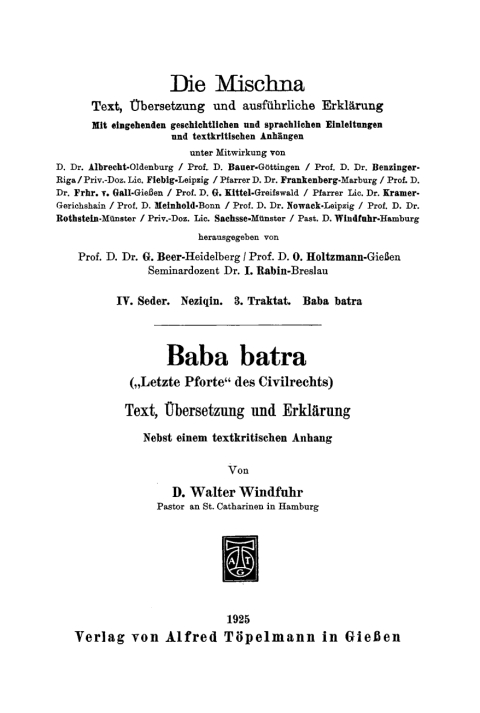 Cover image for book Baba batra (“Letzte Pforte” der Civilrechts)
