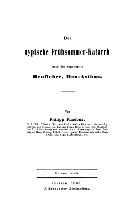 Cover image for book Der typische Frühsommer-Katarrh oder das sogenannte Heufieber, Heu-Asthma