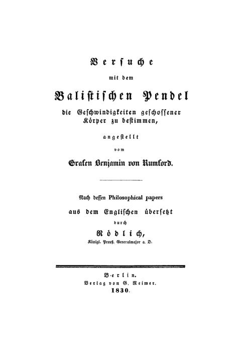 Cover image for book Versuche mit dem Balistischen Pendel die Geschwindigkeiten geschossener Körper zu bestimmen