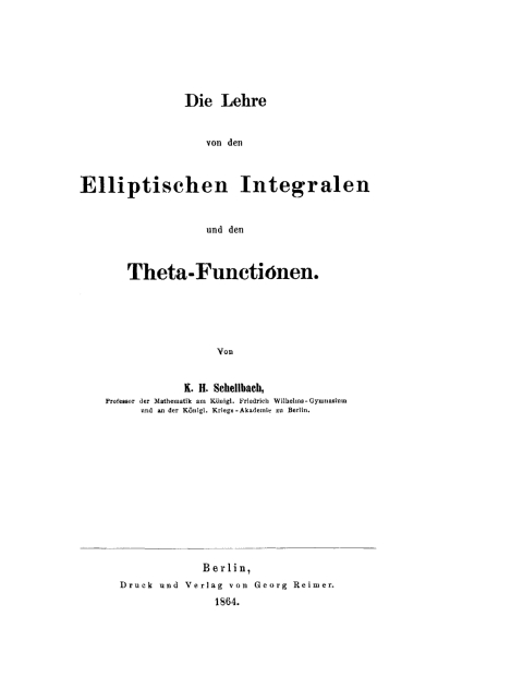 Cover image for book Die Lehre von den elliptischen Integralen und den Theta-Functionen