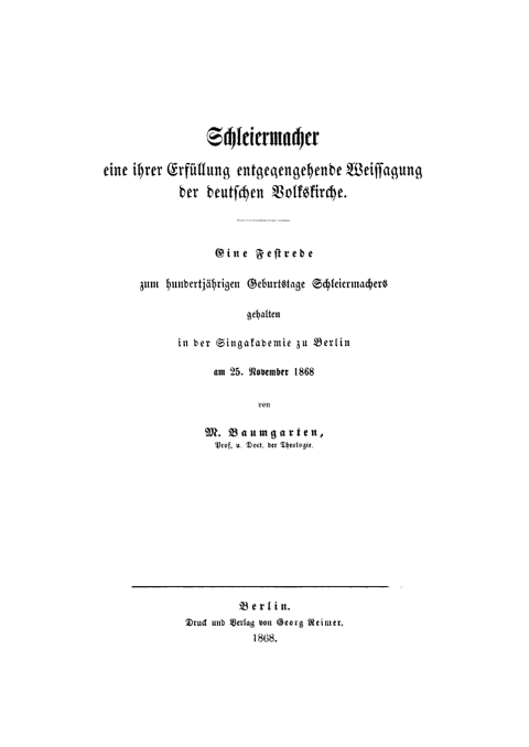 Cover image for book Schleiermacher, eine ihrer Erfüllung entgegengehende Weissagung der deutschen Volkskirche