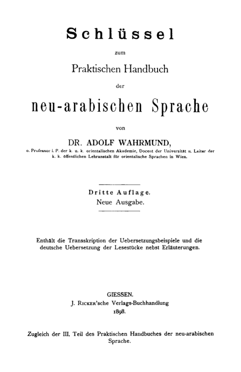 Cover image for book Schlüssel zum Praktischen Handbuch der neu-arabischen Sprache