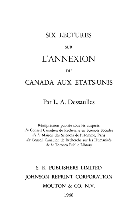 Cover image for book Six lectures l'annexion Canada aux Etats - Unis