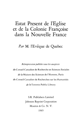 Estat Present de l’Eglise et de la Colonie Françoise dans la Nouvelle France